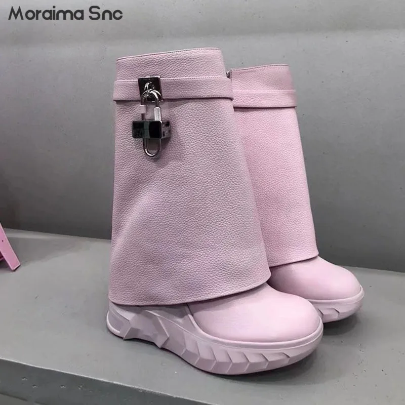 Metal Lock Shark Boots Round Toe Platform Pink Trouser Boots New Wedge Heel Personalized Short Boots Fashionable Women's Boots