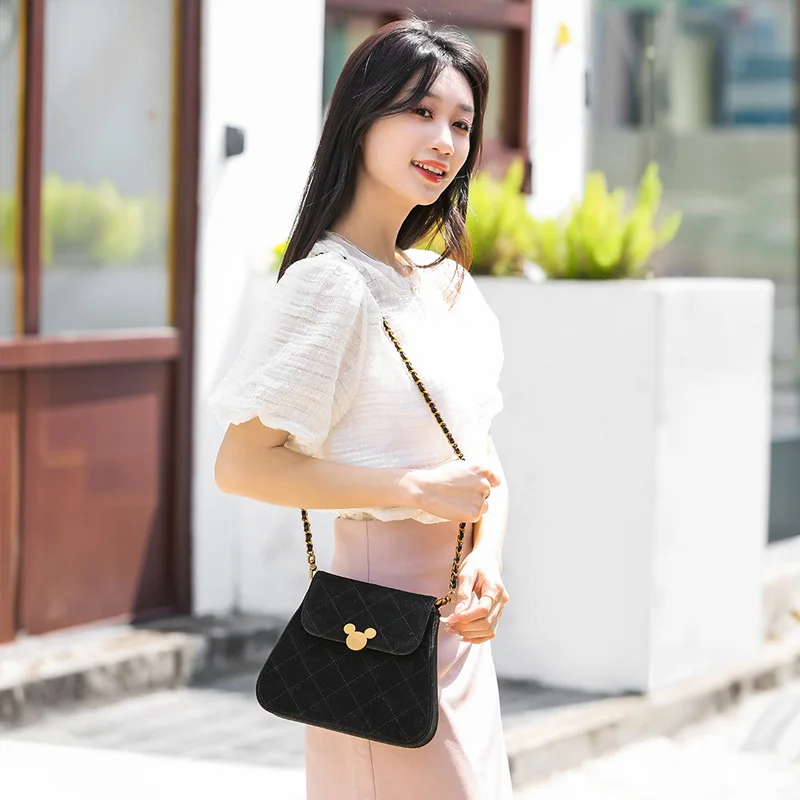 Disney Mickey Retro Diamond Diamond Lattice Bag Female Commuting Shoulder Bag Pure Black Premium Handbag 5