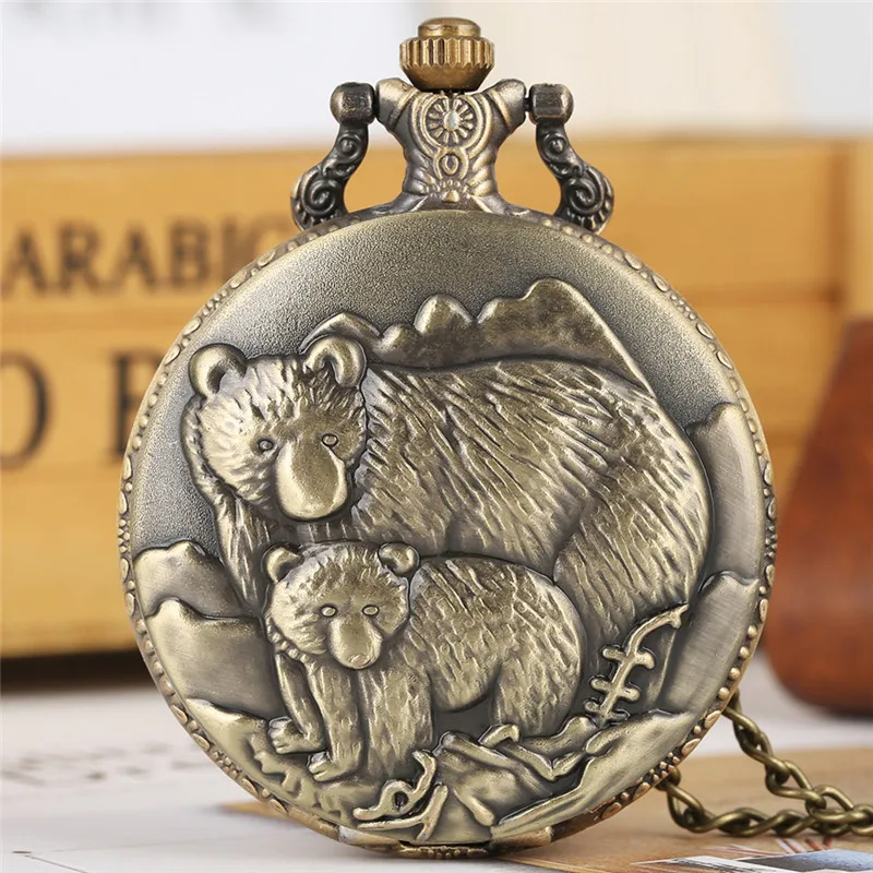 

Bronze Vintage Style Polar Bear Figure Full Hunter Quartz Pocket Watch for Men Women Arabic Number Display Necklace Pendant