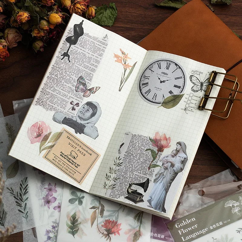 3 Sheets in 1 Flat Stickers Washi Paper Sticker for DIY Scrapbooking Decor Vintage Botanical Journal Photo Albums Supplies