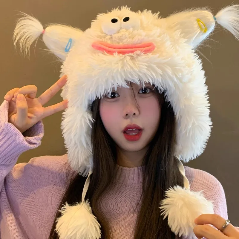 

Japanese Funny Ugly Cute Big Mouth Plush Lei Feng Cap Women Winter Cute Big Eyes Braids Plush Warm Ear Protection Lei Bomber Hat