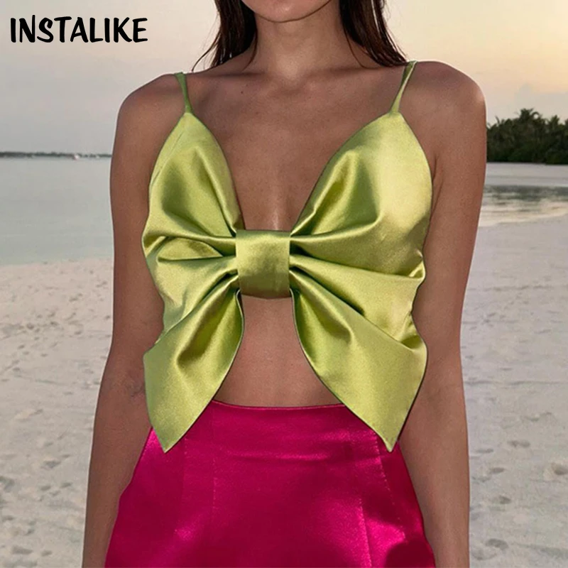 

InstaLike Sexy Big Bow Fashion Strap Satin Top Summer Outfits Rave Holidays Backless Tie-Up Folds Camis Tops Women Beach Party