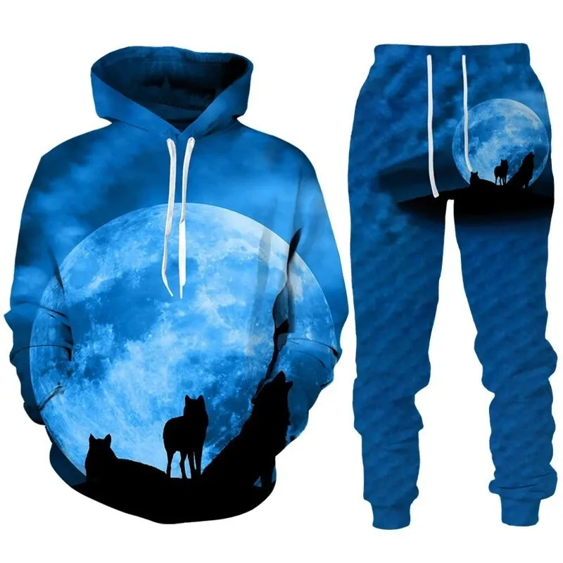 Autumn Men Animal Wolf Hoodie Printed Male Autumn Casual Sweatshirt Sweatpants Pullover Men Tracksuit Set Men's Clothing Suit 5