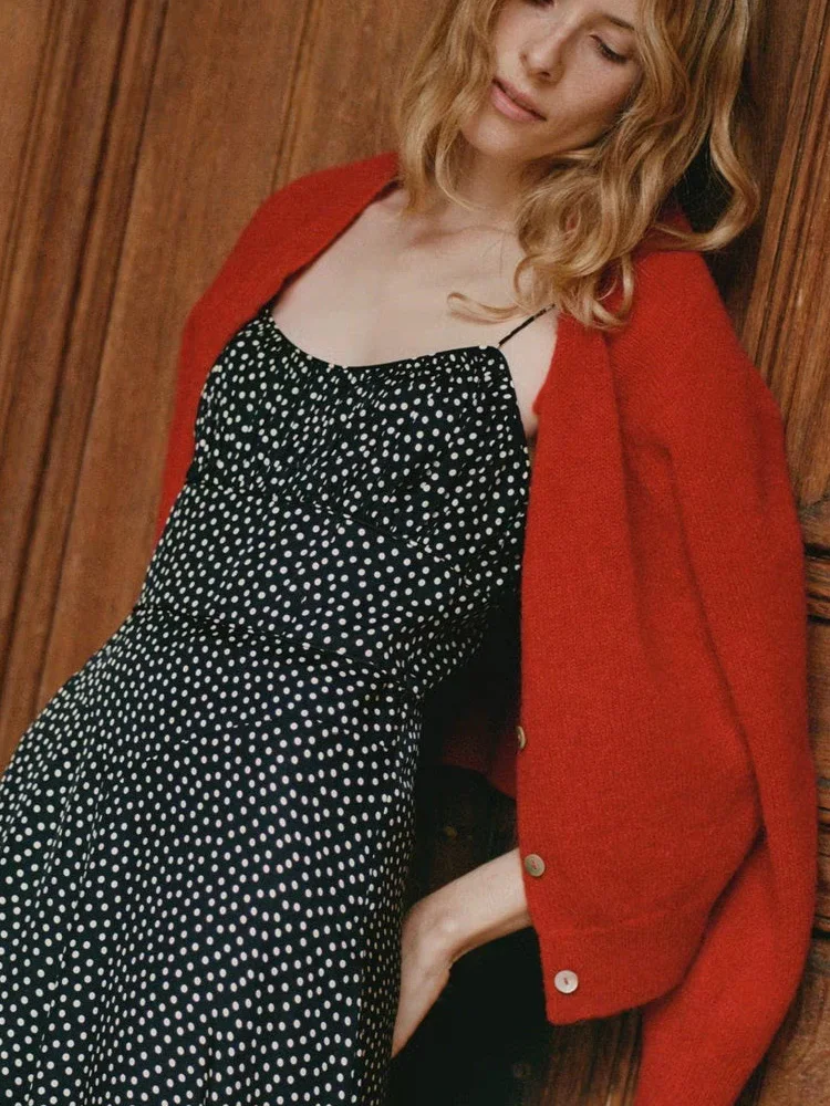 DOEN Retro Polka Dot Slimming Midi Dr Bla Summer New Sle Svel VU Ne French Sle Women's Dr Pumpkin Underwear