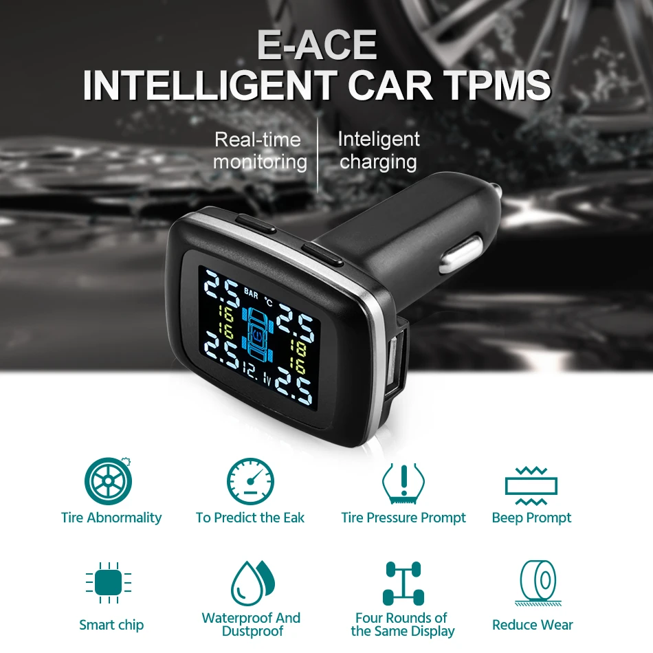 E-ACE Car TPMS Cigarette Lighter Charging Auto Tire Pressure Alarm Monitor System Display Tyre Pressure Temperature Secure Alarm