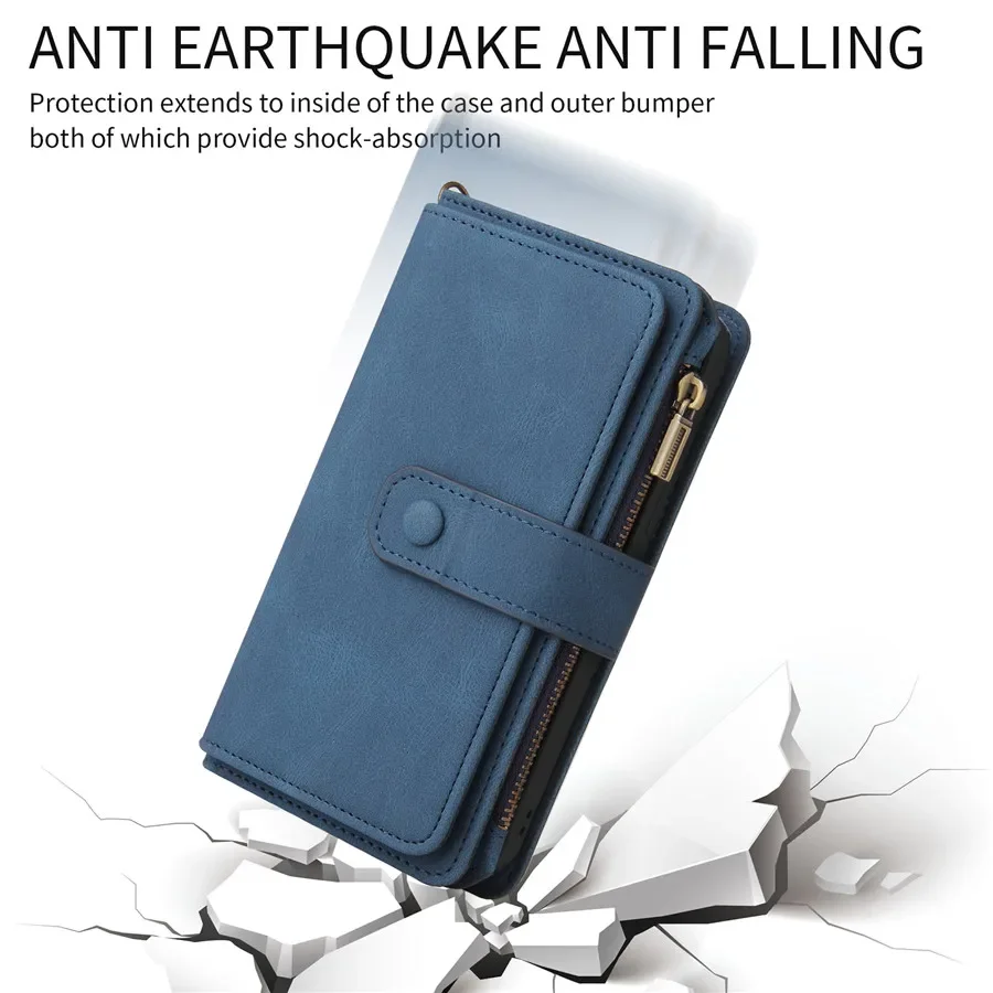 Multi 15-Card Zipper Leather Wallet Case