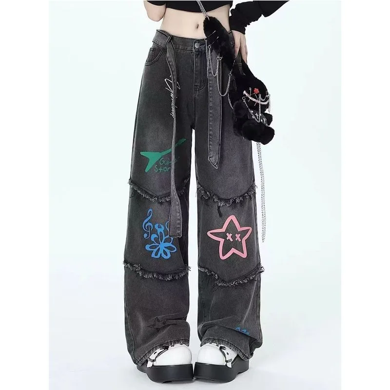 Deeptown Y2k Punk Graphic Jeans for Women Graffiti Streetwear Baddies Oversized Denim Pants Harajuku Korean Fashion Trousers New deeptown vintage graffiti jeans women harajuku y2k streetwear oversized wide leg denim pants korean fashion grunge trousers new