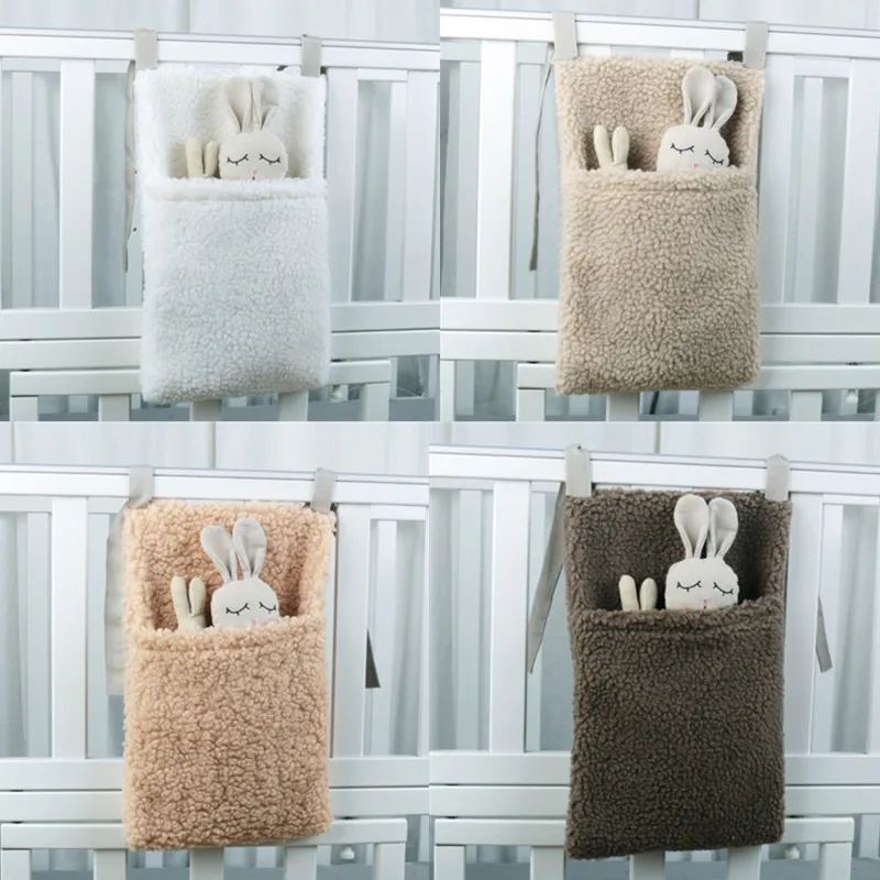 New Thick Plush Baby Crib Hanging Storage Bag Portable Double Pockets Newborn Cot Toy Organizer Bag Bed Headboard Storage Pouch 4