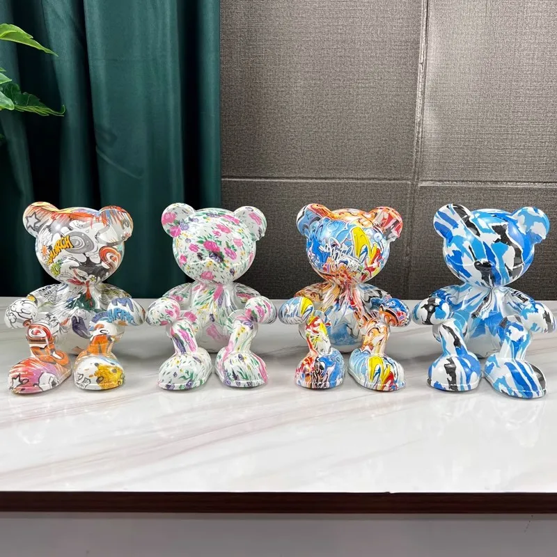 

18CM Resin Sitting Colorful Bear Sculpture Home Decoration Luxury Cartoon Bears Figures Living Room TV Cabinet Desktop Decor