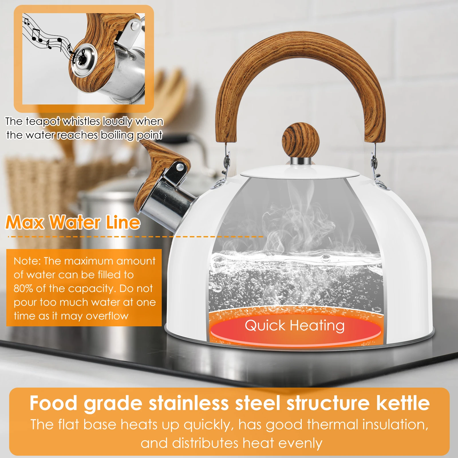 Tea Kettle with Anti-scald Handle Rustproof Whistling Tea Kettle Food Grade Stainless Steel Stove Top Even 3 2L