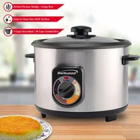Stainless Steel Crunchy Rice Cooker 10-Cup Capacity Timer Auto-Warm Function Nonstick Pot Includes Measuring Cup and Serving 2