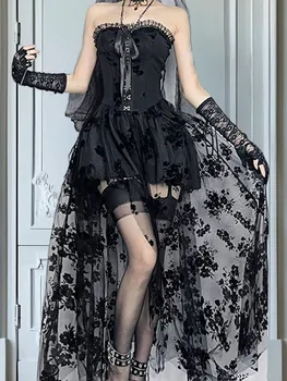 Black Lace Off Shoulder Maxi Dress for Women Vintage Victorian Gothic Embroidered Sleeveless A-Line Gown with Mesh Insets 4