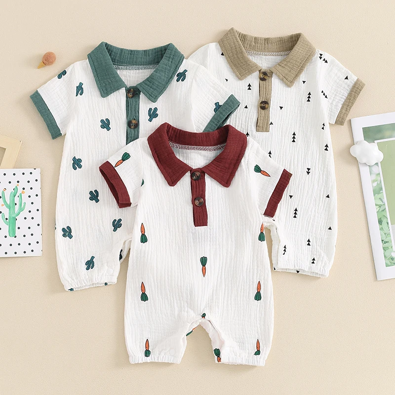 

Baby Boy Jumpsuit Summer Short Sleeve Lapel Collar Graphic Print Romper Newborn Playsuit
