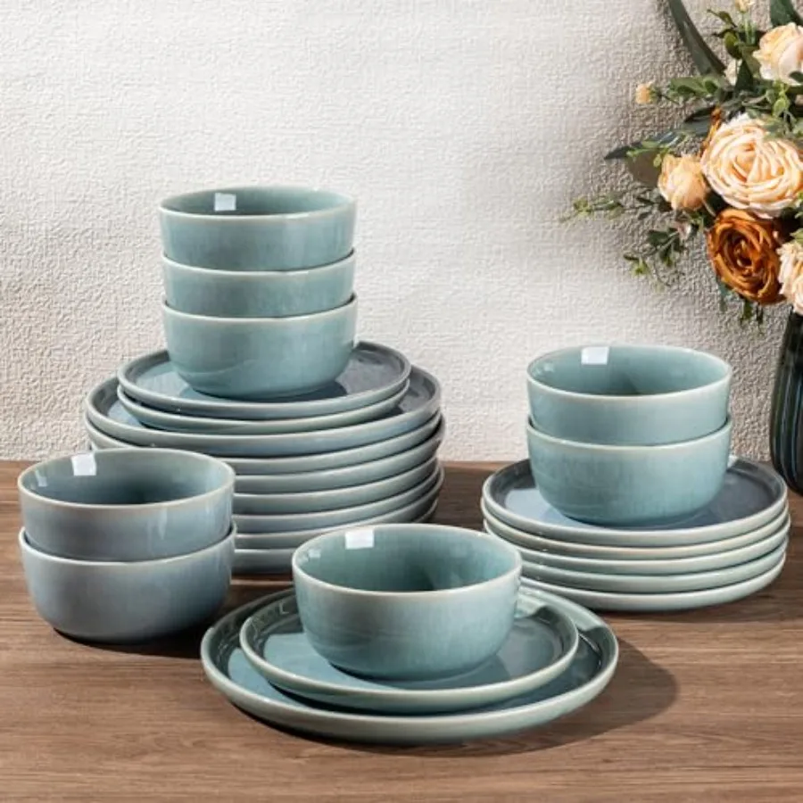 Ceramic Dinnerware Sets for 8 24 Pieces Stoneware Plates and Bowls Scratch Resistant Dishes Dishwasher Microwave Safe Reactive