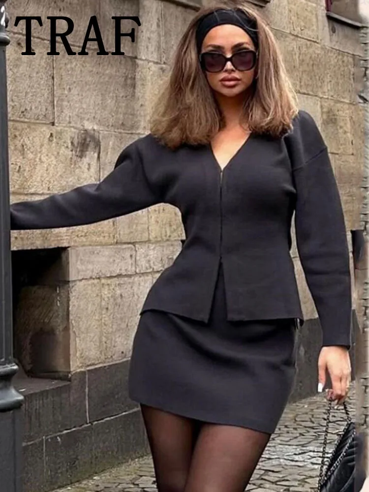 TRAF Women Knit Mini Skirt Sets For Women 2 Pieces Knit Coat Women Suits New Two Piece Set Women Outfit Streetwear Clothing 2