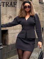 TRAF Women Knit Mini Skirt Sets For Women 2 Pieces Knit Coat Women Suits New Two Piece Set Women Outfit Streetwear Clothing 2