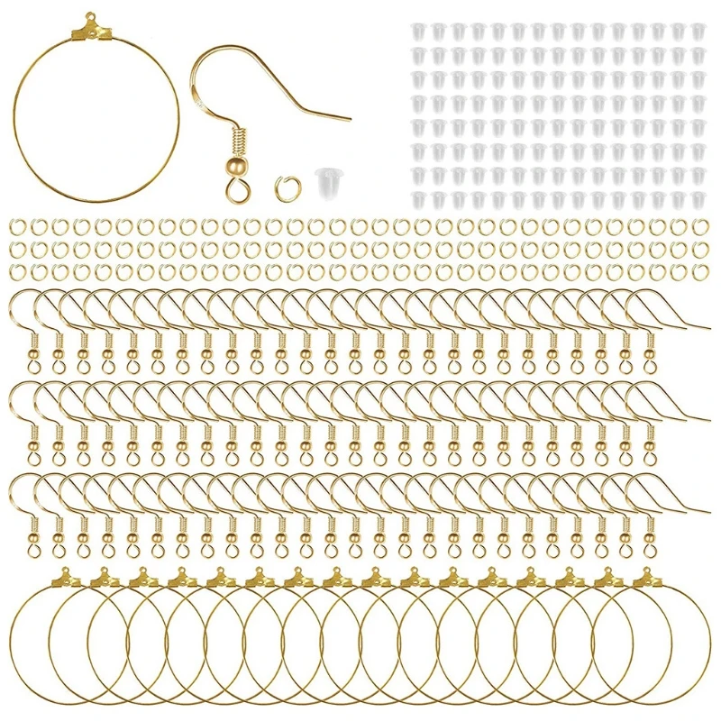 

624 шт., набор для изготовления сережек с крючками из золотых сережек с 200 шт. золотых крючков, 200 открытых колец для прыжков,
