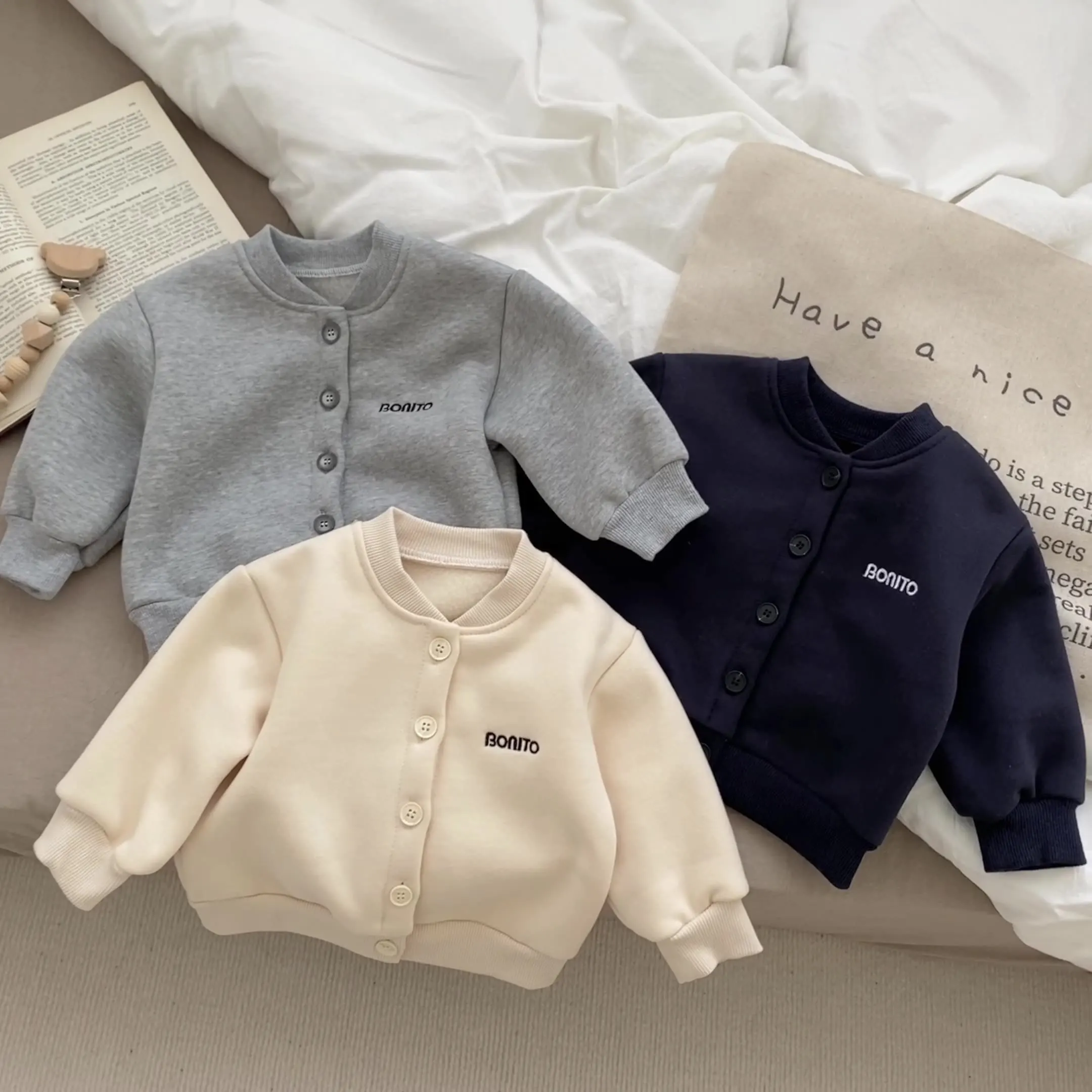 

Children'S Coat, Autumn And Winter, Korean Version Of Breasted Cardigan Sweater, Plush Embroidery Letters, Long Sleeve Coat For