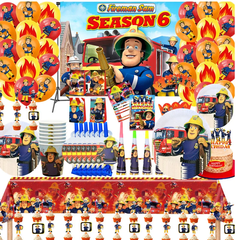 Feuerwehrmann Sam Thema Alles Gute zum Geburtstag Partyzubehör Set Hintergrund Tasse Teller Servietten Tischdecke Party Kinder Jungen Favor Ballons Dekor