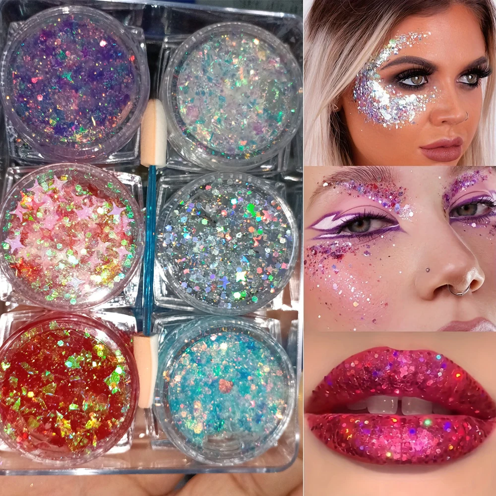 6 Colors Face Glitter Gel Body Shimmer Makeup Sequin for Hair Face Nail Eyeshadow Cream Gel Glitter Rave Festival Party Glitter 2
