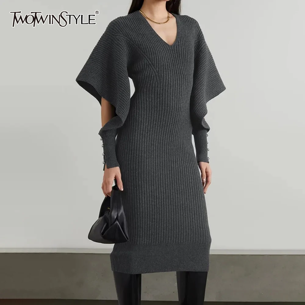 

Женское вязаное асимметричное платье TWOTWINSTYLE, Осеннее, белое, облегающее платье-пуловер с V-образным вырезом и длинными рукавами, 2023