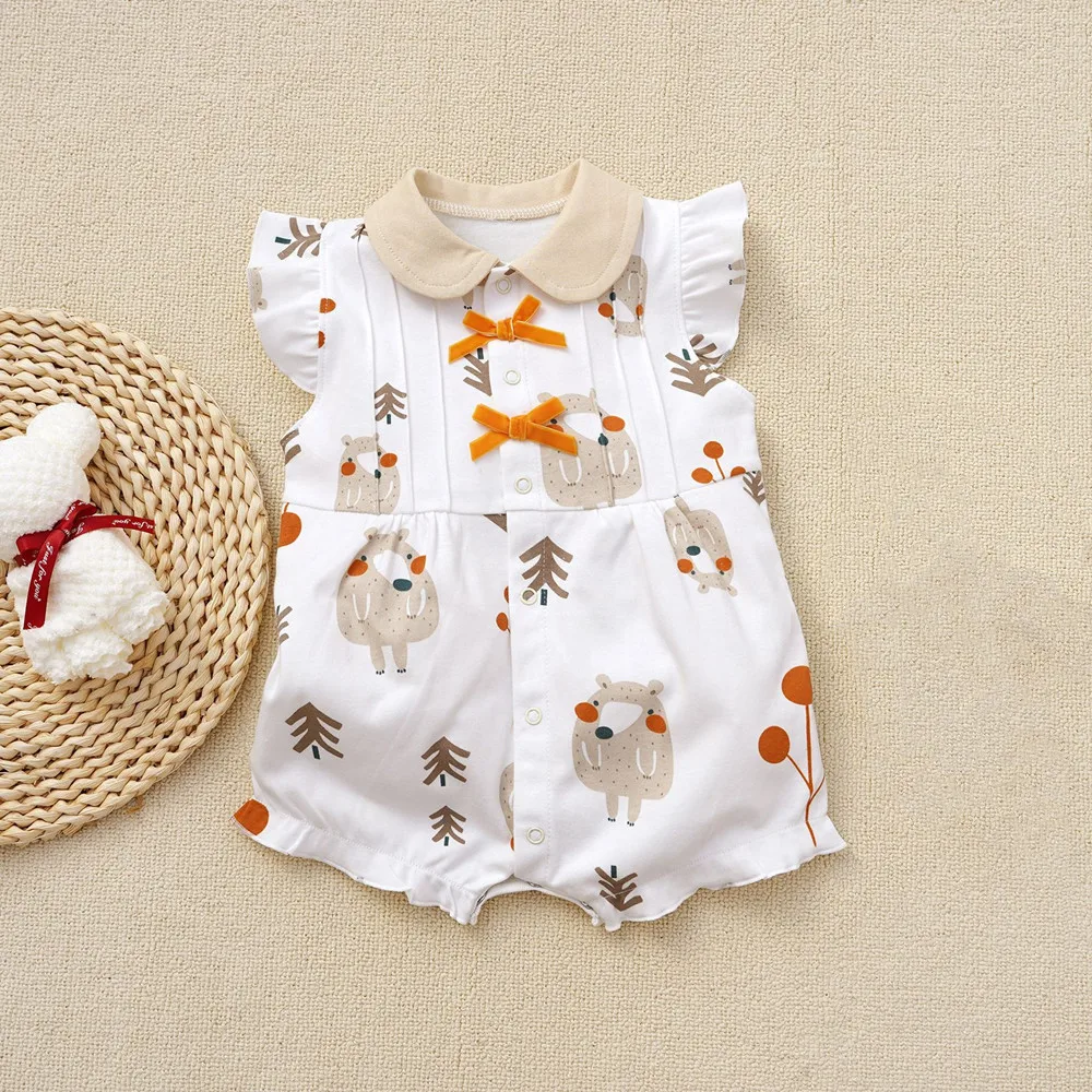 3-18M Baby Girls Cartoon Bear Ruffled Sleeves Summer rompers COTTON Comfortable Causal Baby Clothes newborn baby onesie