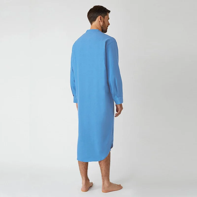 Blue Color Long Sleeved Muslim Long Shirt for Men Solid Cotton Linen Robes Muslim Fashion Arabia Man abaya - Image 2