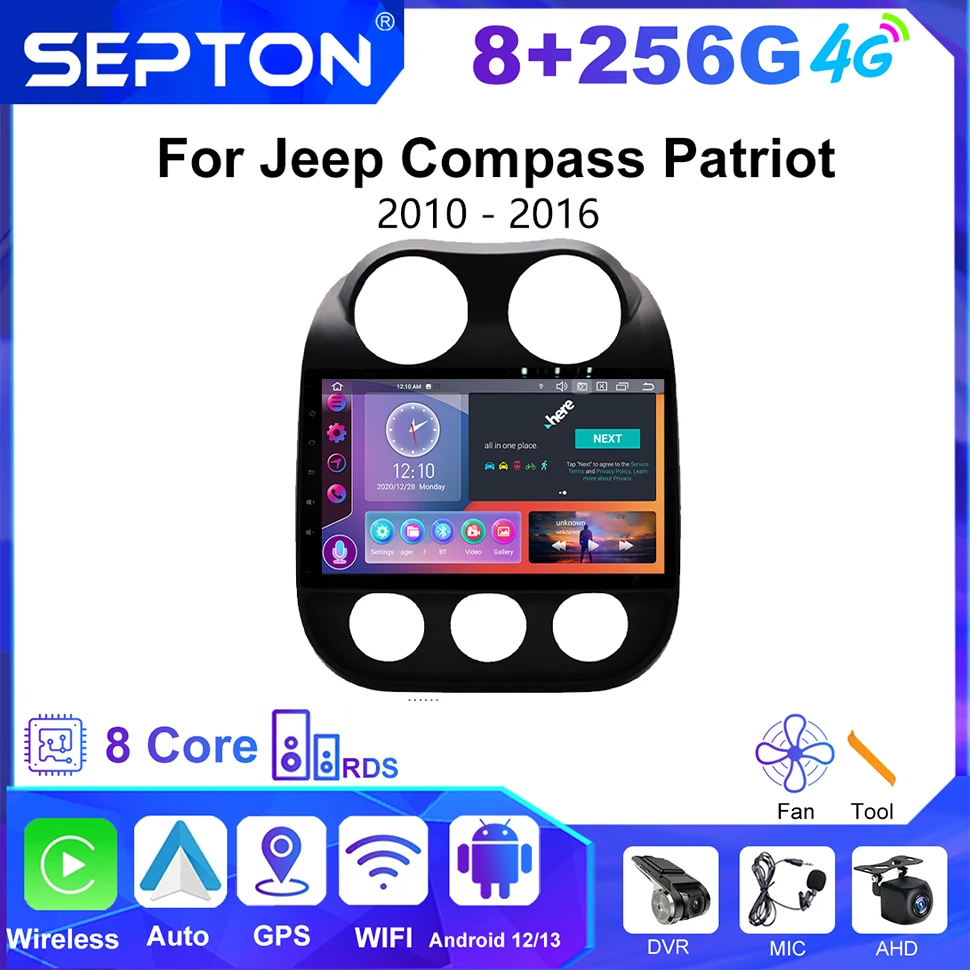 

SEPTON 2Din Car Stereo Radio for Jeep Compass Patriot 2010-2016 Android 12 Auto Multimedia Video Player GPS CarPlay 4G Head Unit