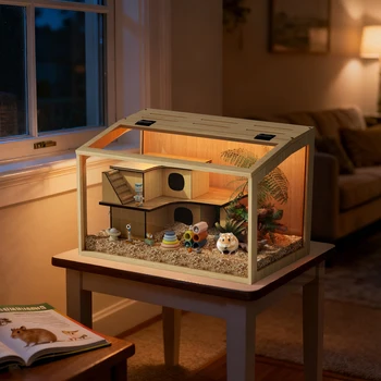 Wooden Hamster Cage Guinea Pig Cage Clear Small Animal cage with Open top Hamster Habitat Wooden Frame Tempered Glass Panels