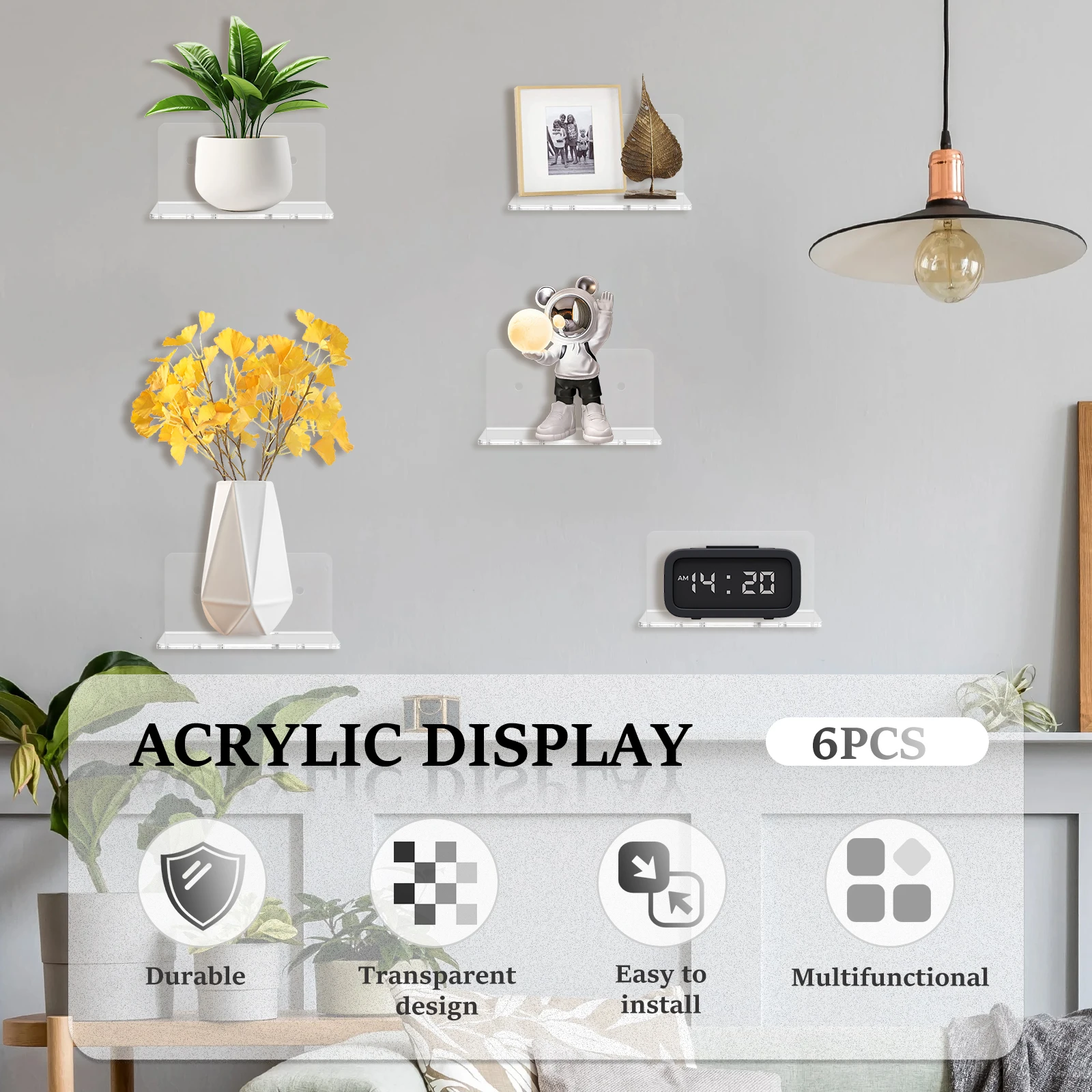 6/12Pcs Acrylic Wall Shelves Floating Shelves Clear Small Shelf Product Display Stand Wall Decoration Storage Rack 2