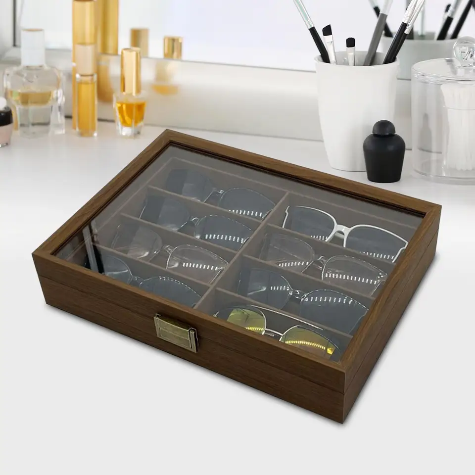 Organizer Per Occhiali Da Sole Con 20 Scomparti, Coperchio In Vetro UV, Espositore In PU E Velluto
