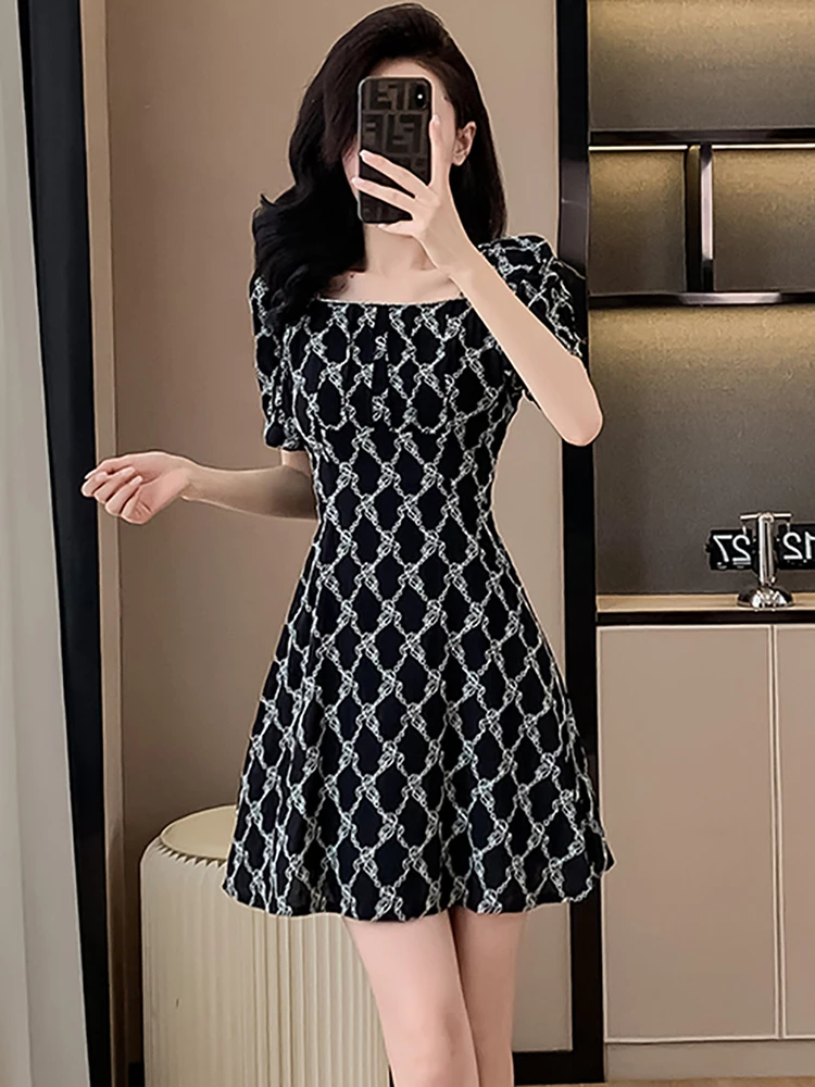 Black Print Plaid Chic Sqaure Collar New in Dress Women