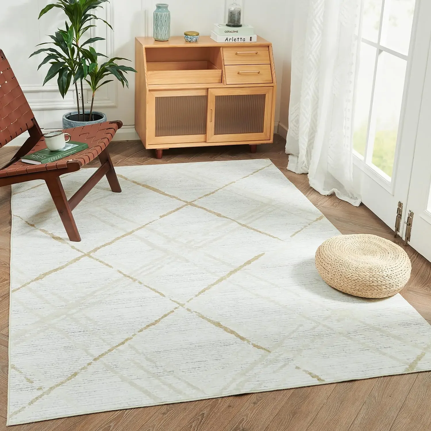 

jinchan Area Rug Moroccan Soft Grid Taupe Thin Modern Geometric Accent Rug Contemporary Indoor Non