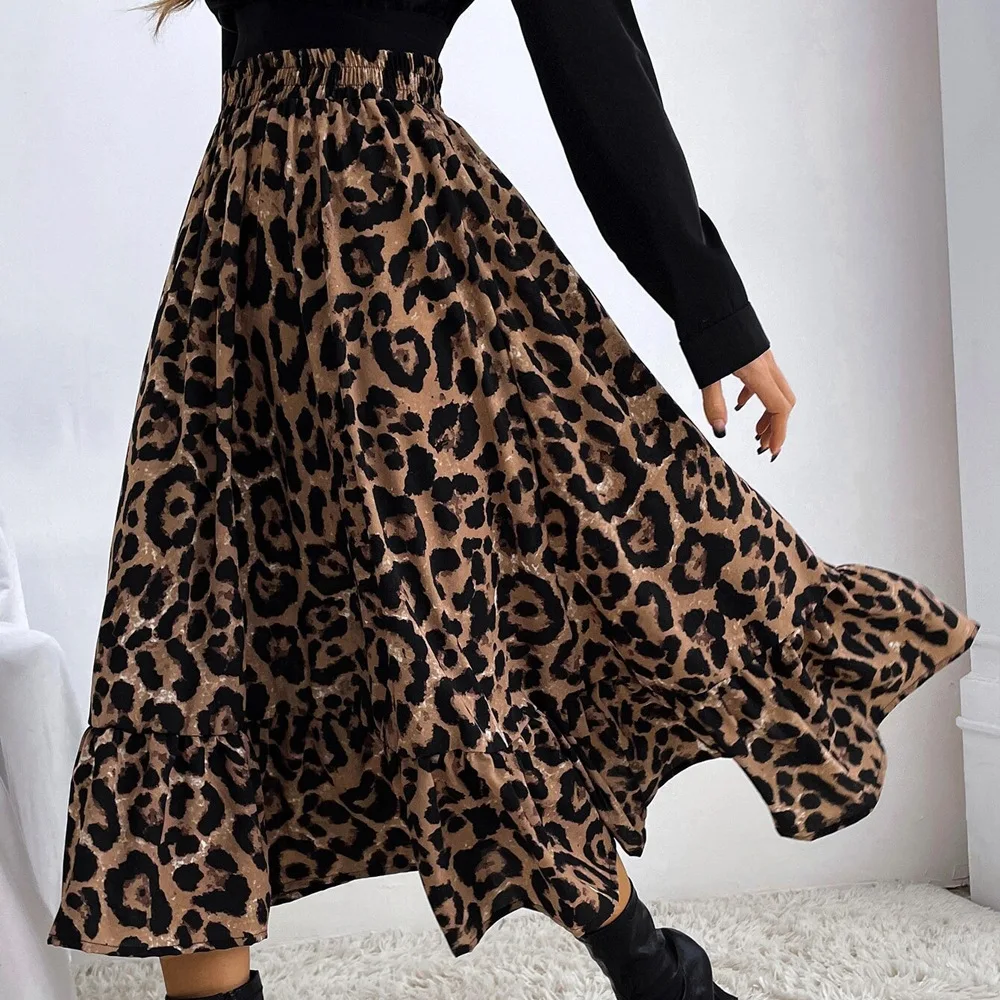 

Skirt For Women Vintage Elegance Sexy Leopard Print Vestidos High Waisted Loose Hem Half Length Skirts Faldas Ropa De Mujer
