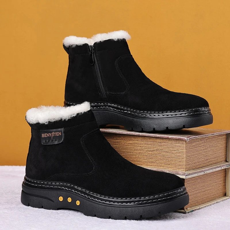 Men Boots Warm Fur Snow Boots Suede Leather Furry Ankle Boots Male Plush Shoes Outdoor Shoes Men Winter Plush Snow Boots Home