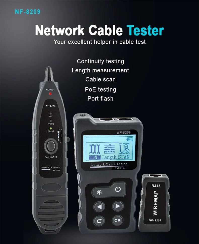 NOYAFA NF-8209 RJ45 Cable Tracker POE Network Wire Checker Cable Tester Test Network Tool Scan Cable Wiremap Utp Tester 2