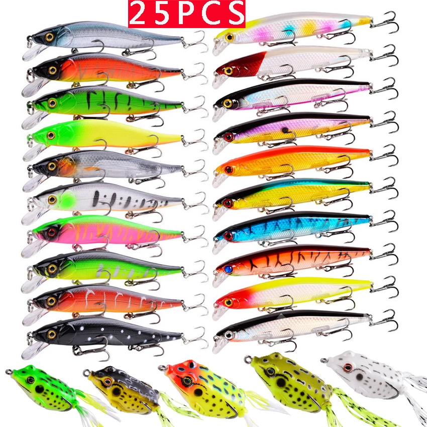 25Pc Bionic Bait Kit Esche A Forma Di Rana Minnow Popper Crank Bait Misto Soft Hard Bait Set Per Attrezzatura Da Pesca In Acqua Dolce E Salata