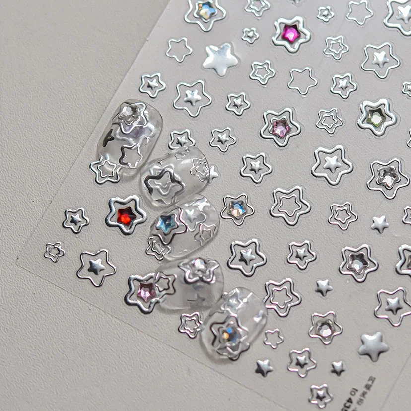 Colored Crystal Star Love Heart Shiny Silver Hollowed Smudging Rainbow Flower Jelly Embossed Nail Art Stickers Manicure Decals 3