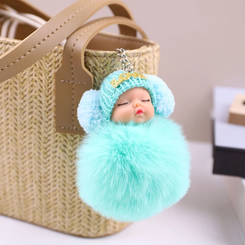 1 Piece Lovely Solid Color Sleeping Baby Bag Earrings Pendant Knitted Hat Pompom Sleeping Baby Keychain Soft Plush Doll Keyring 3