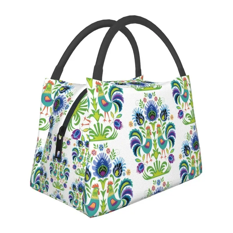 

Polish Folk Roosters Flowers Insulated Lunch Bag for Camping Travel Poland Floral Art Leakproof Thermal Cooler Lunch Box Women