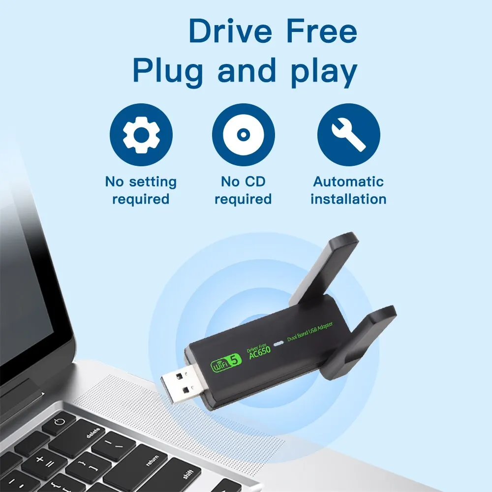 와이파이 USB AC650 어댑터 듀얼 밴드 무선 USB2.0 네트워크 카드, 핫스팟 와이파이 리시버, Win7, 10/11 드라이버 무료