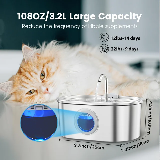 3.2L stainless steel cat water dispenser window has water level, which can be observed, suitable for many cats and dogs 4