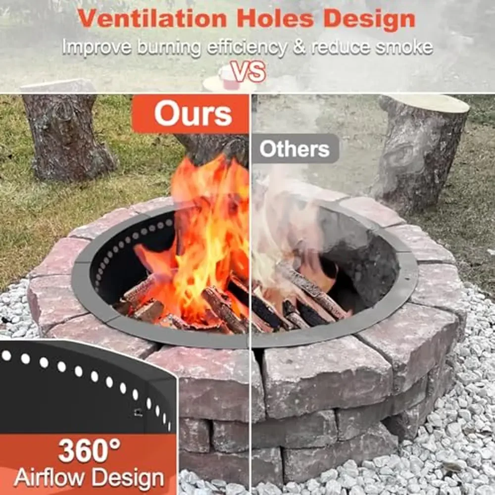 Outdoor Fire Pit Ring Liner 35-Inch Heavy Duty Steel Insert DIY Bonfire Pit Ventilation Holes Large Size Easy Assembly Safe