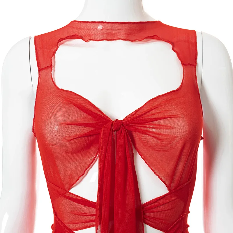 Vestidos ajustados sexis para fiesta y club para mujer, ropa de verano 2025, vestido de malla con cordones y corte liso, ropa de calle femenina