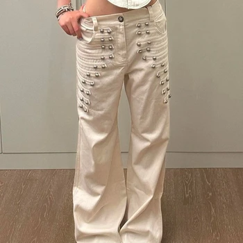 American retro metal buckle design jeans for women y2k new gothic street loose wide-leg floor mopping pants