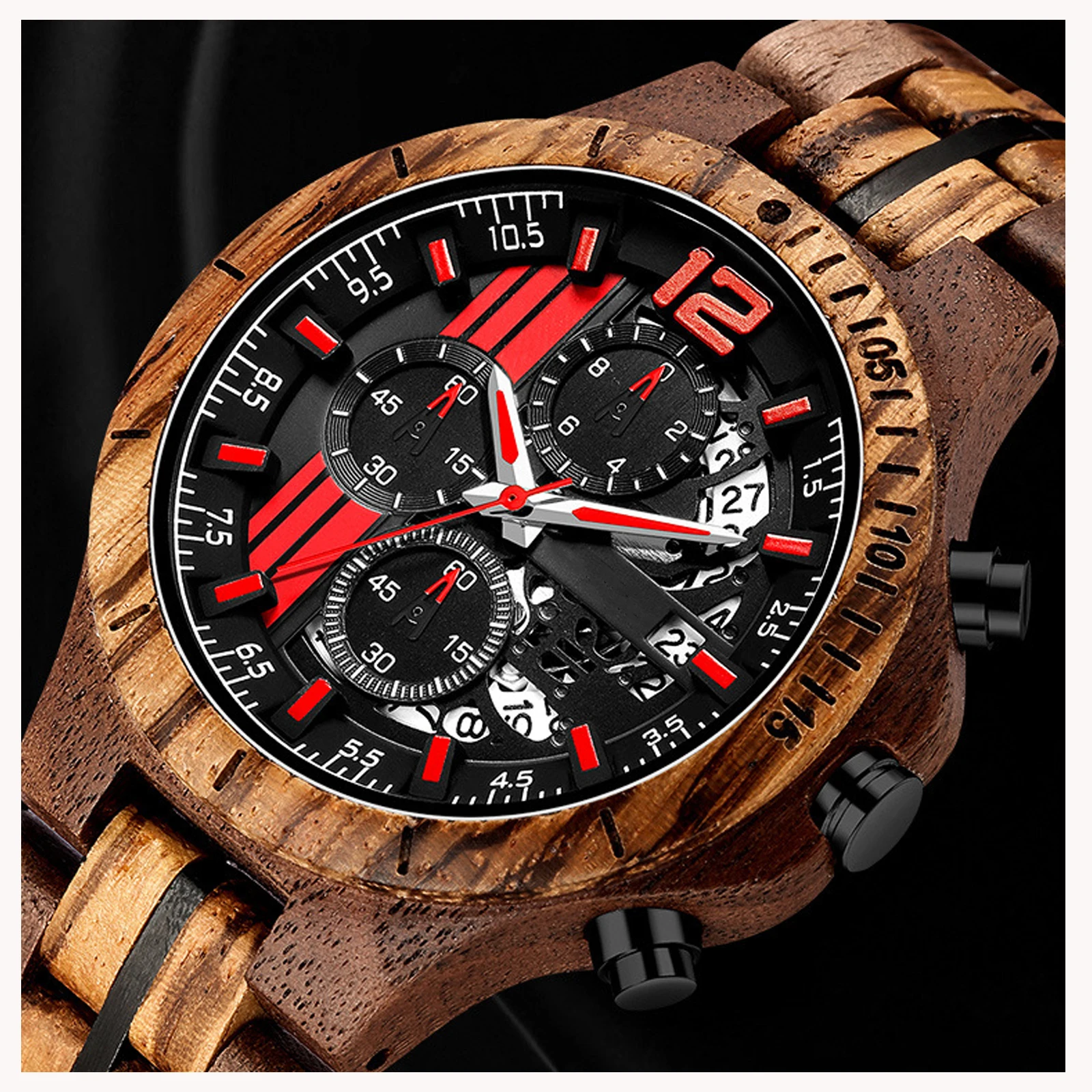 

Men Wooden Quartz Wristwatches Fashion Multifunctional Display Calendar Three Dial Analog Watch Best Gift for Men ,bracelet