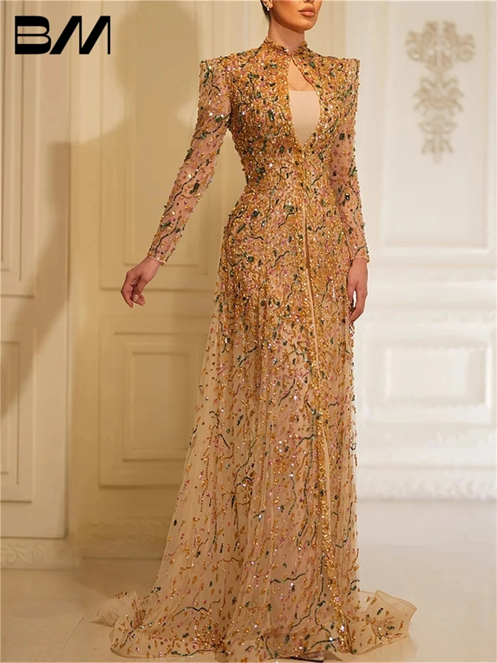 Luxury Long Sleeve A Line Prom Dress Beads Evening Dresses Cocktail Gown Formal Occasion Dresses Customized Vestidos De Gala 3