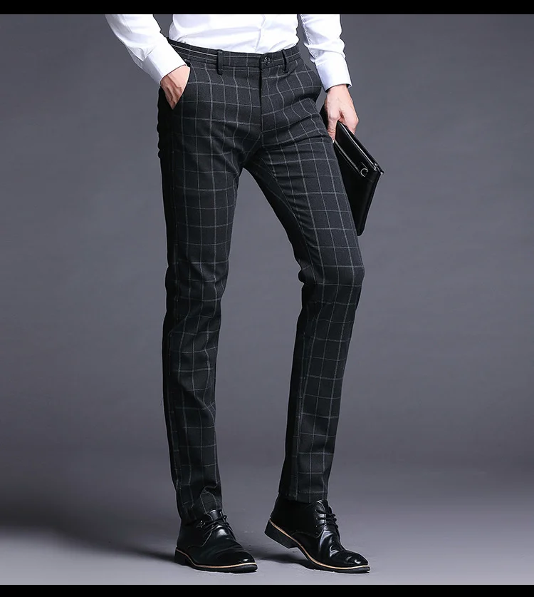 Plaid Summer Pants Men Slim Gray Black Suit Pants Men Stretch Business Formal Trousers Men blazers