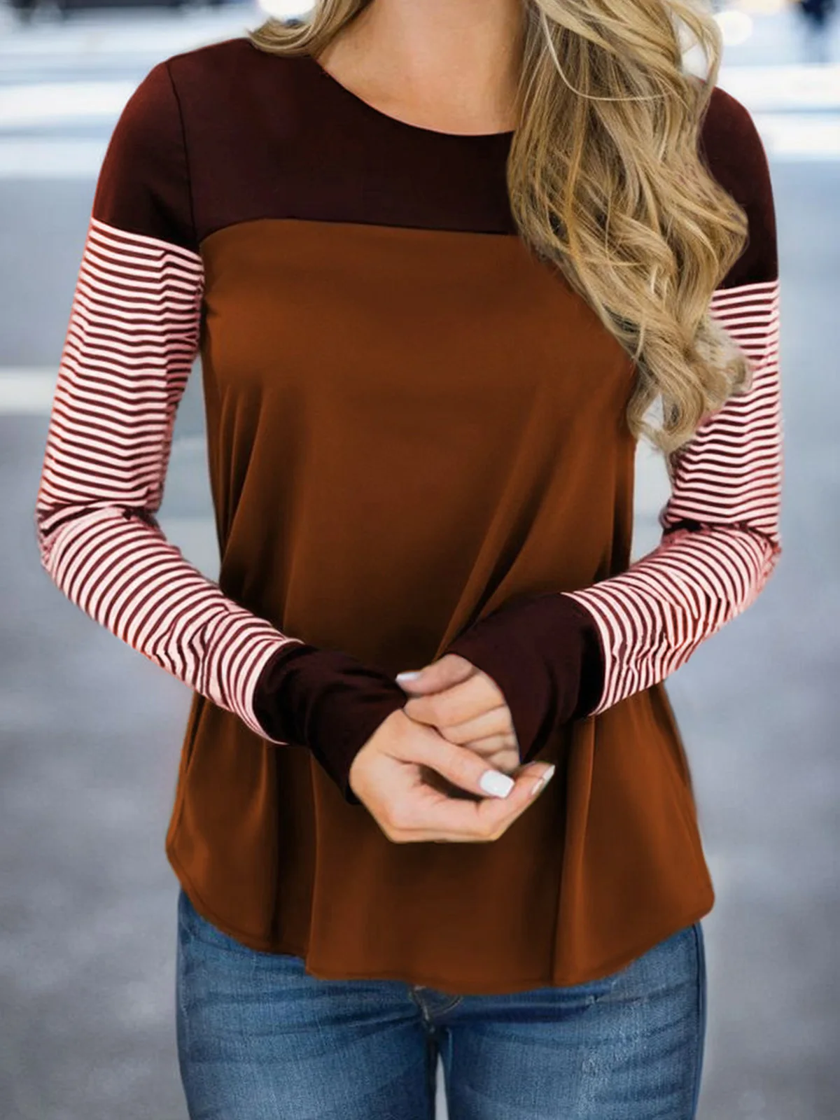 

Color Block Striped O-Neck Blouse Elegant Women Casual Long Sleeve Loose Fashion Tricolor Print Lazy Vintage Harajuku Tops