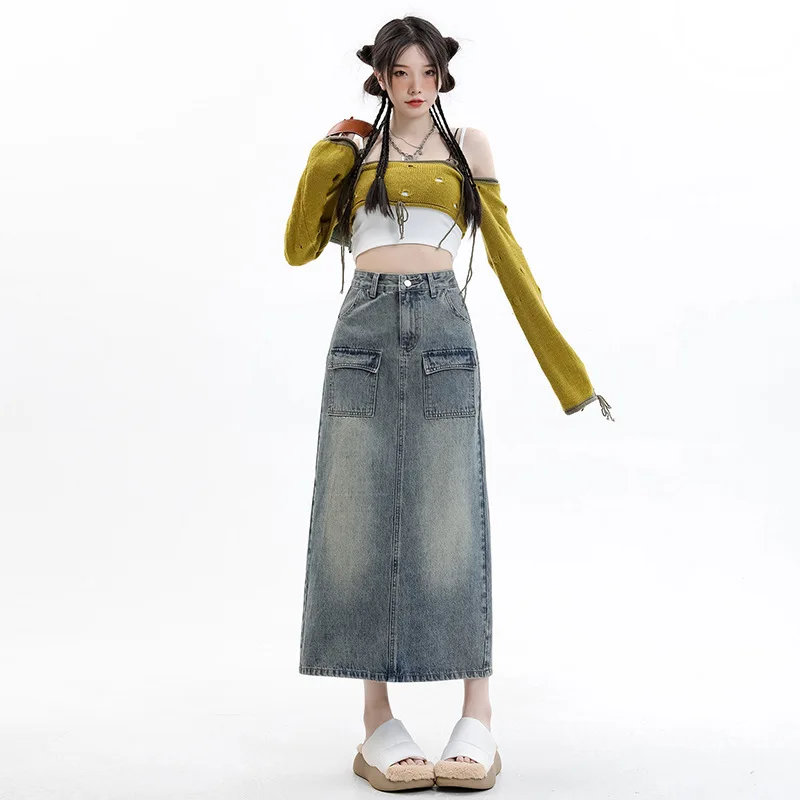 

Sweet Cool Retro Black Skirt High Waisted Denim Skirts for Women Spring Summer New A Line Loose Slim Jeans Long Skirt SR3637